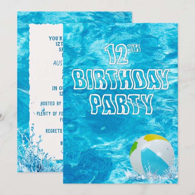Piscine 12e anniversaire Invitation de fête (Devant / Derrière)