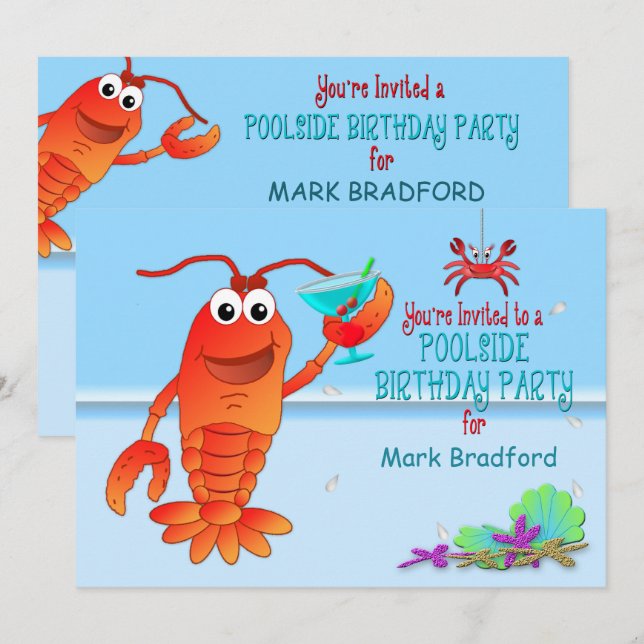 PISCINE ANNIVERSAIRE INVITATION À LA FÊTE -Homard/ (Devant / Derrière)