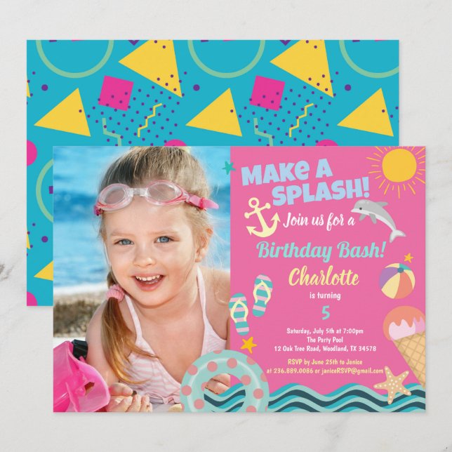 Piscine anniversaire photo invitation pour fille (Devant / Derrière)