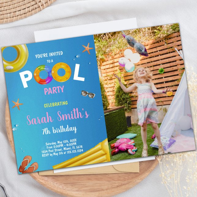 Piscine Bleue Jaune Invitations Anniversaire avec  (Yellow Blue Pool Birthday Invitations with photo)
