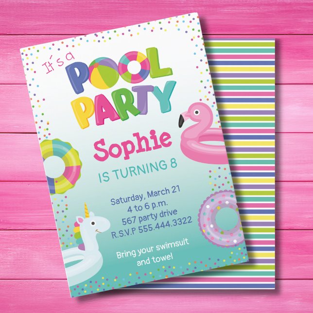 PISCINE DE FILLE, INVITATION FLAMANT ROSE FLOT (Créateur téléchargé)