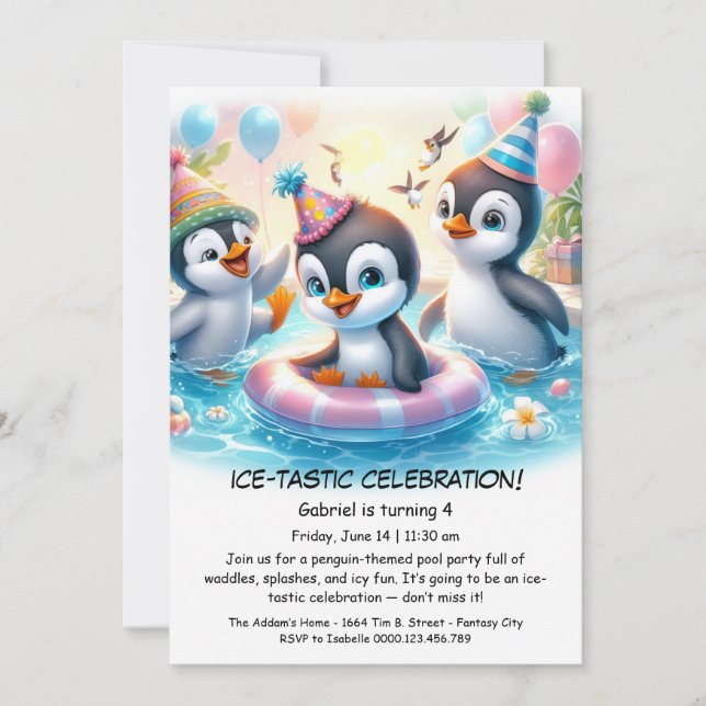 Piscine de pingouin fête d'anniversaire Invitation (Devant)