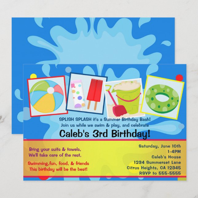 Piscine d'été Fête Anniversaire Invitations (Devant / Derrière)