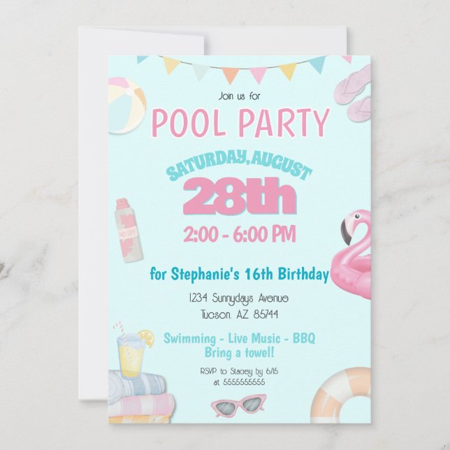 Piscine d'été Pastel Girls Invitation de fête d'an (Devant)