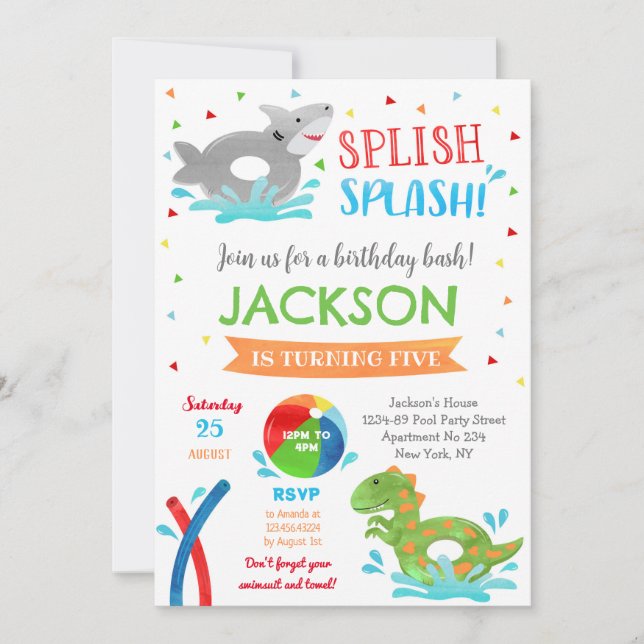 Piscine fêté d'été Invitations pour garçon (Devant)