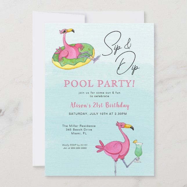 Piscine Flamants roses roses Invitation fête d'ann (Devant)