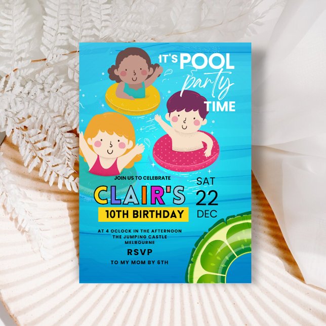 Piscine Invitations d'anniversaire Piscine Tie Dye (pool birthday party invittion summer kids invite)