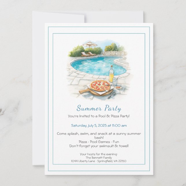 Piscine & Pizza Summer Party Invitation (Devant)