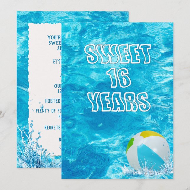 Piscine Sweet 16 Invitation de fête d'anniversaire (Devant / Derrière)