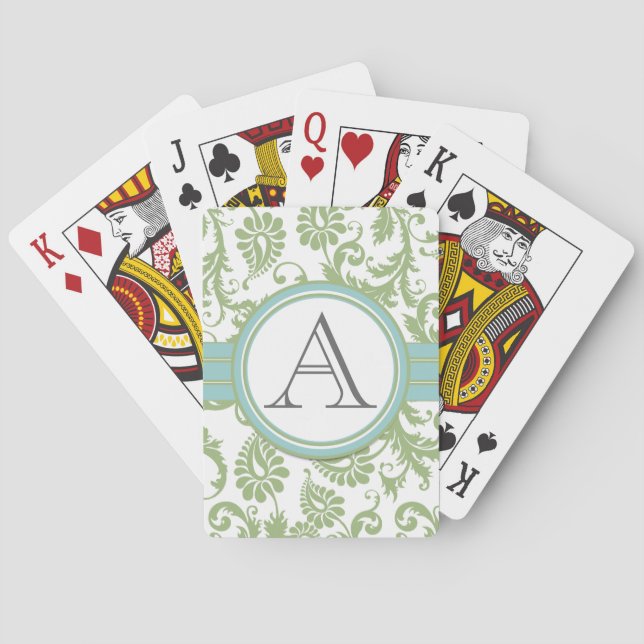 Pistachio Damask Monogramed Aqua Playing Cards (Back)