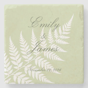 Pistachio Green White Fern Elegant Couple Names Stone Coaster