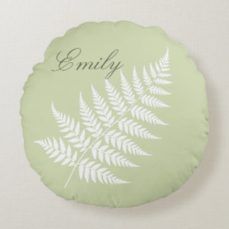 Pistachio Green White Fern Flowing Script Name Round Pillow