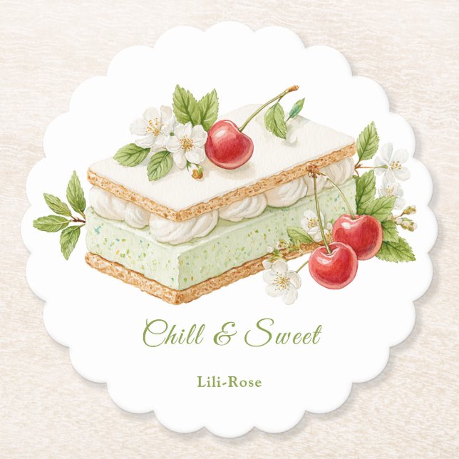 Pistachio Ice Cream Sandwich Day Watercolor  Paper Coaster (Front)