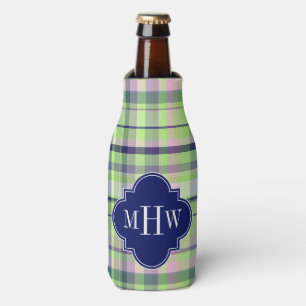 Pistachio Pink Navy Wht Preppy Madras Monogram Bottle Cooler