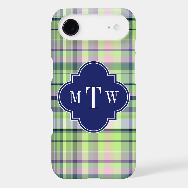 Pistachio Pink Navy Wht Preppy Madras Monogram Case-Mate iPhone Case (Back)