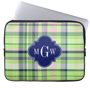 Pistachio Pink Navy Wht Preppy Madras Monogram Laptop Sleeve