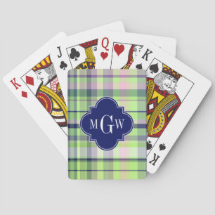 Pistachio Pink Navy Wht Preppy Madras Monogram Playing Cards