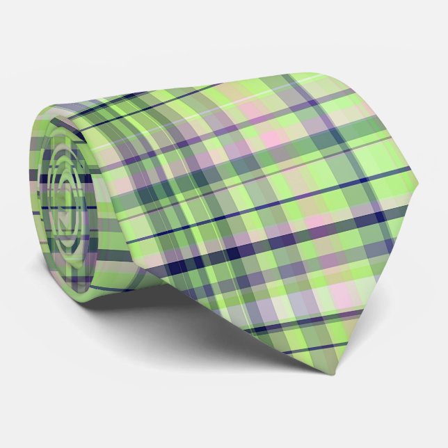 Pistachio Pink Navy Wht Preppy Madras Tie (Rolled)
