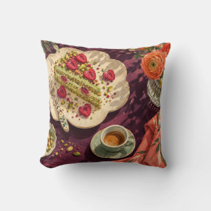 Pistachio Raspberry Cake Espresso Plum Tea Table Throw Pillow