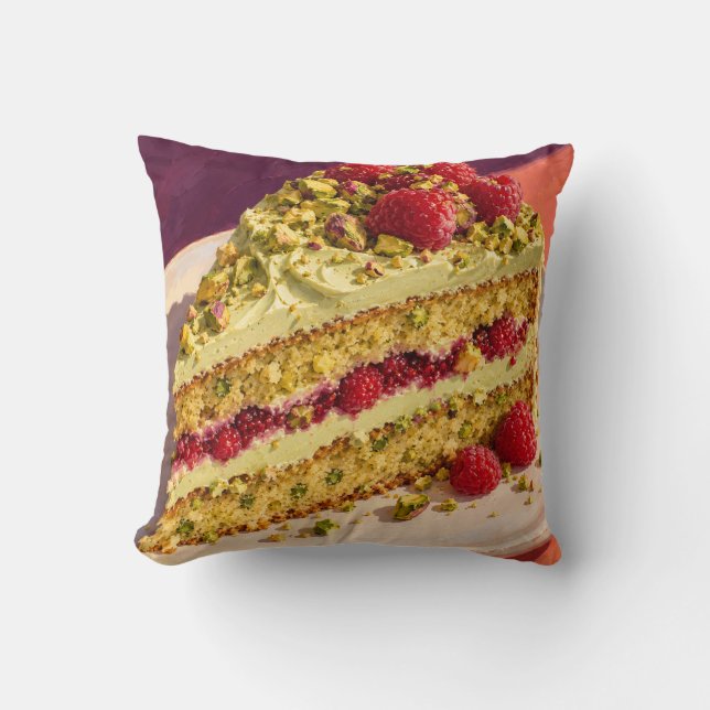 Pistachio Raspberry Cake Slice Painterly Dessert Throw Pillow (Front)