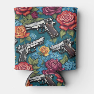 Pistol Firearms Roses Forget-me nots Teal Can Cooler