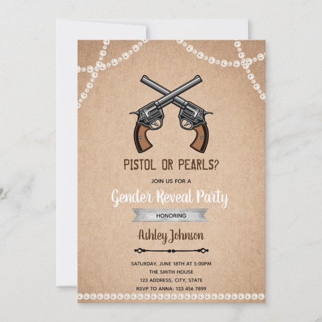 Pistol or pearl gender reveal invitation (Front)