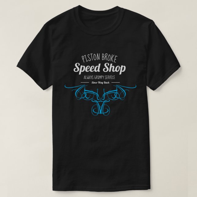 Piston Broke Speed Shop Funny Blue Pinstripes T-Shirt (Design Front)