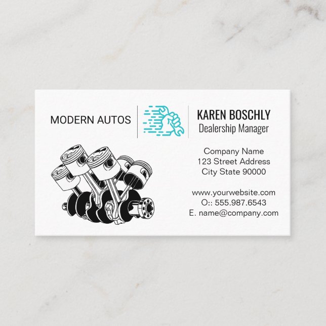 Piston Car Engine  | Wrench in Hand Business Card (Front)