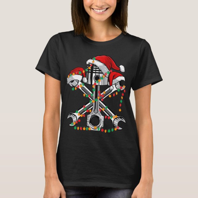 Piston Wrench Santa Hat Christmas Lights Bike Car  T-Shirt (Front)