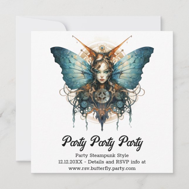 Pistonwing Emperor Butterfly Steampunk Wedding  Announcement (Front)