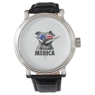 Pit Bull 4th of July Merica Men American Flag Sung Watch