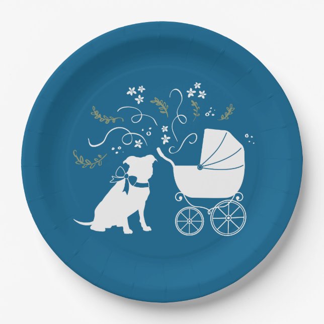 Pit Bull Baby Shower Pitbull Dog Blue Boy Paper Plate (Front)