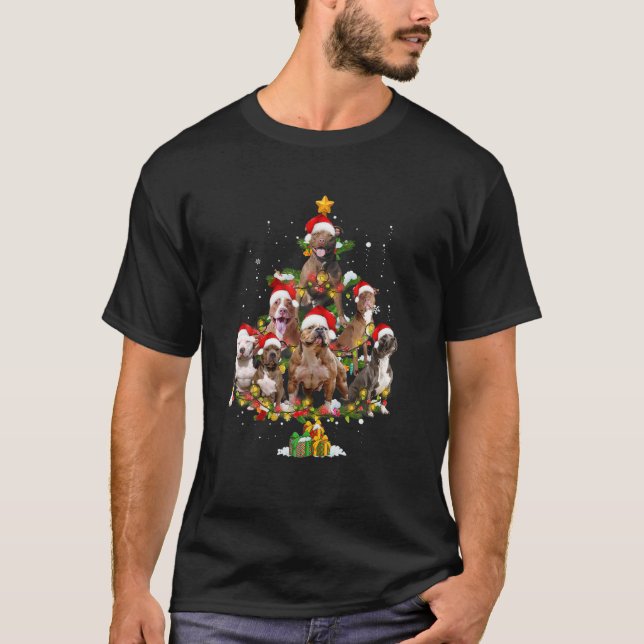 Pit Bull Christmas Tree Santa Hat Xmas Lights Dog T-Shirt (Front)