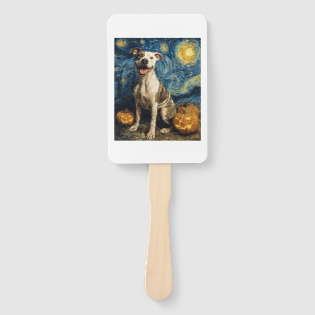Pit Bull Cute Dog Halloween Jack O Lantern Pumpkin Hand Fan (Front)