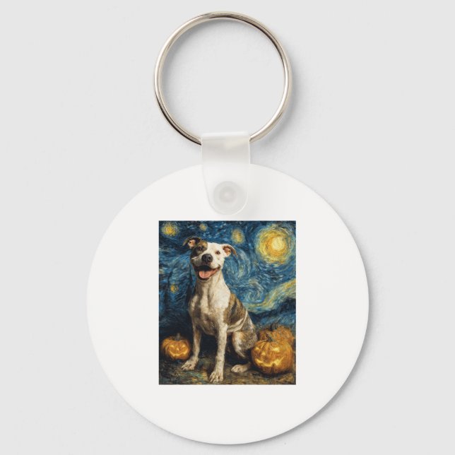 Pit Bull Cute Dog Halloween Jack O Lantern Pumpkin Keychain (Front)