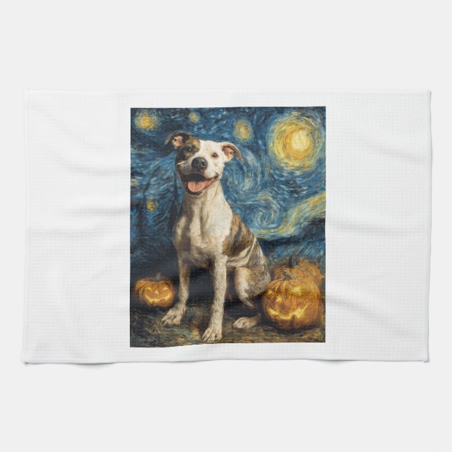 Pit Bull Cute Dog Halloween Jack O Lantern Pumpkin Kitchen Towel (Horizontal)
