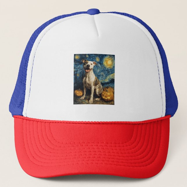 Pit Bull Cute Dog Halloween Jack O Lantern Pumpkin Trucker Hat (Front)