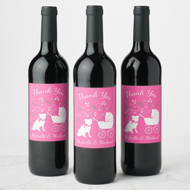 Pit Bull Dog Baby Shower Pink Girl Pitbull Wine Label (Bottles)