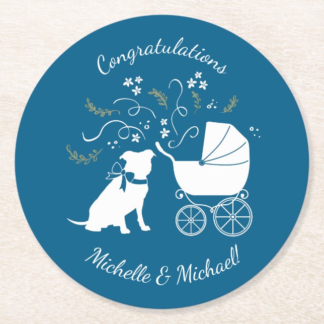 Pit Bull Dog Baby Shower Round Paper Coaster (Front)
