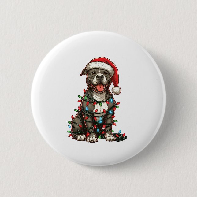 Pit bull Dog Christmas Lights Santa Hat Xmas Snow  2 Inch Round Button (Front)