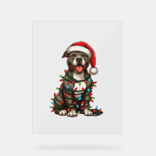 Pit bull Dog Christmas Lights Santa Hat Xmas Snow  Acrylic Sign