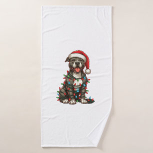 Pit bull Dog Christmas Lights Santa Hat Xmas Snow Bath Towel