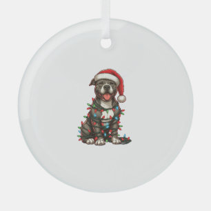 Pit bull Dog Christmas Lights Santa Hat Xmas Snow  Glass Ornament