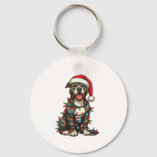 Pit bull Dog Christmas Lights Santa Hat Xmas Snow Keychain