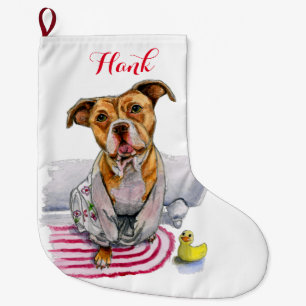 Pit Bull Dog in Bathrobe Watercolor Personalized Large Christmas Stocking