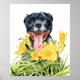Pit Bull Dog in Flower Bed Painting, Fine Art Poster