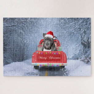 Pit Bull Dog in Snow sitting in Christmas Truck  Jigsaw Puzzle
