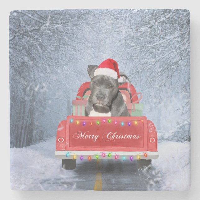Pit Bull Dog in Snow sitting in Christmas Truck  Stone Coaster (Front)