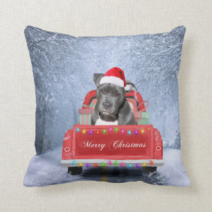 Pit Bull Dog in Snow sitting in Christmas Truck  Throw Pillow