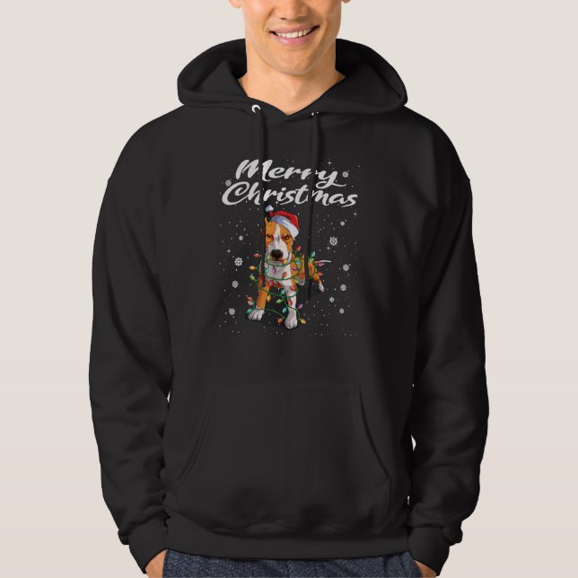 Pit Bull Dog Santa Hat Christmas Tree Lights Hoodie (Front)